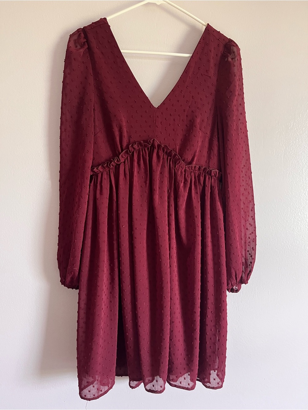 Listicle Burgundy V-Neck Long Sleeve Swiss Dot Dress